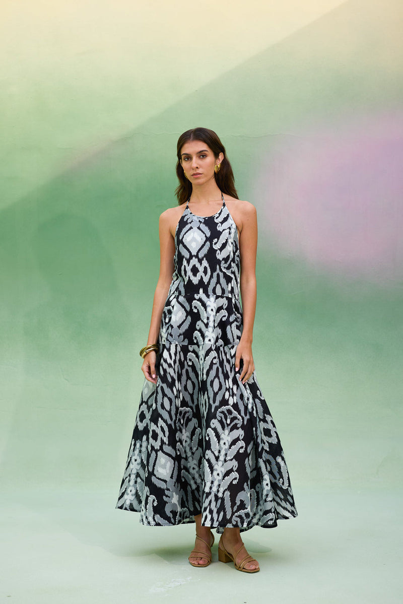 Greyscale Oversized Ikat Halter Neck Maxi Dress linen dress by World of SiSa in grey for women in Singapore