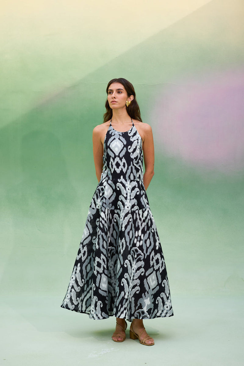 Greyscale Oversized Ikat Halter Neck Maxi Dress linen dress by World of SiSa in grey for women in Singapore