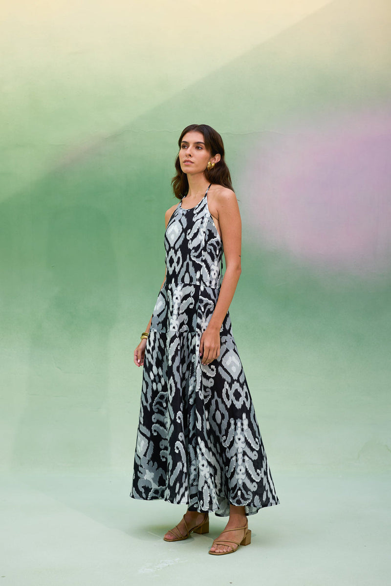 Greyscale Oversized Ikat Halter Neck Maxi Dress linen dress by World of SiSa in grey for women in Singapore