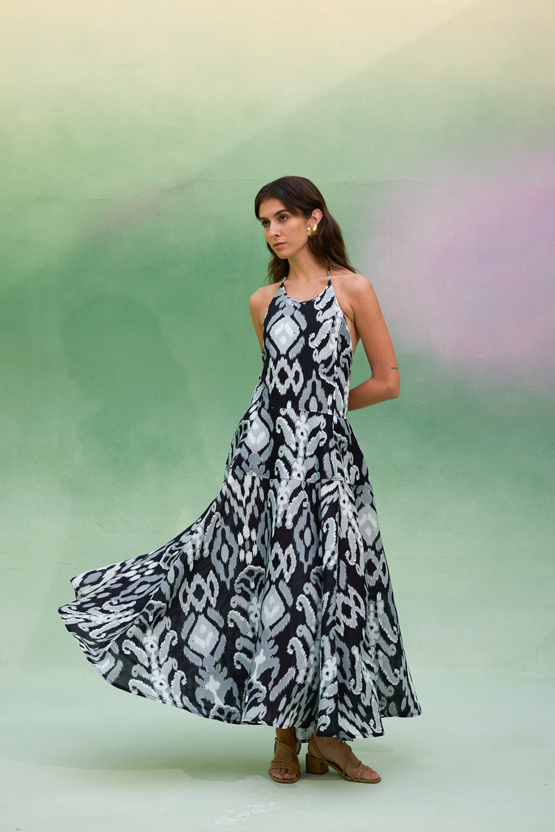 Greyscale Oversized Ikat Halter Neck Maxi Dress linen dress by World of SiSa in grey for women in Singapore