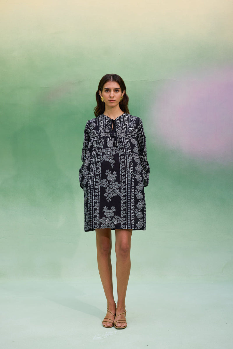 Black Floral Ikat Symmetrical Shift Dress linen dress by World of SiSa in black for women in Singapore