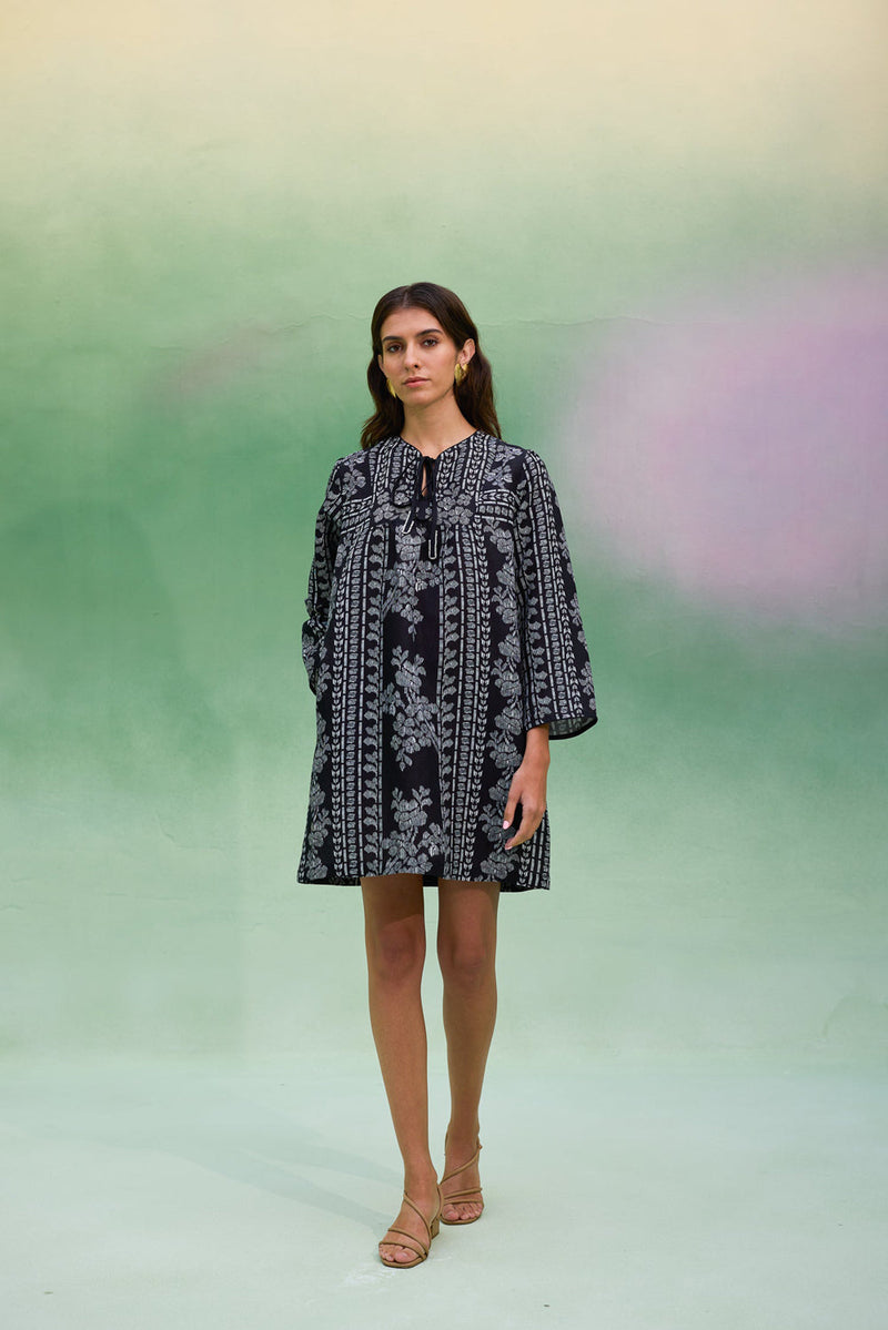 Black Floral Ikat Symmetrical Shift Dress linen dress by World of SiSa in black for women in Singapore