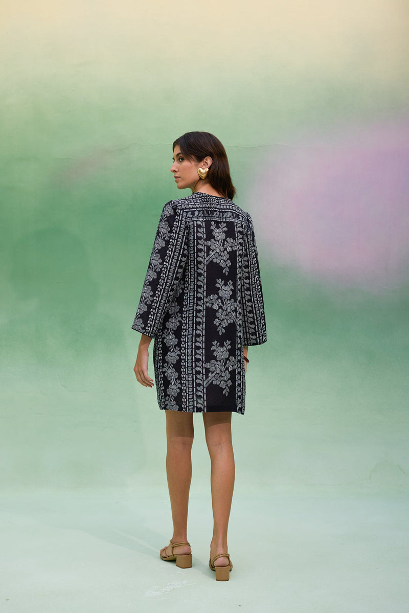Black Floral Ikat Symmetrical Shift Dress linen dress by World of SiSa in black for women in Singapore