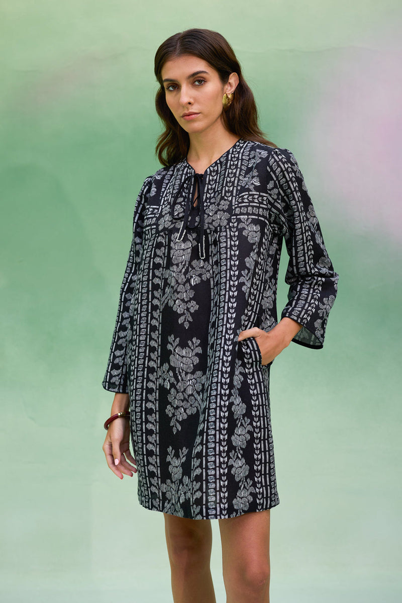 Black Floral Ikat Symmetrical Shift Dress linen dress by World of SiSa in black for women in Singapore