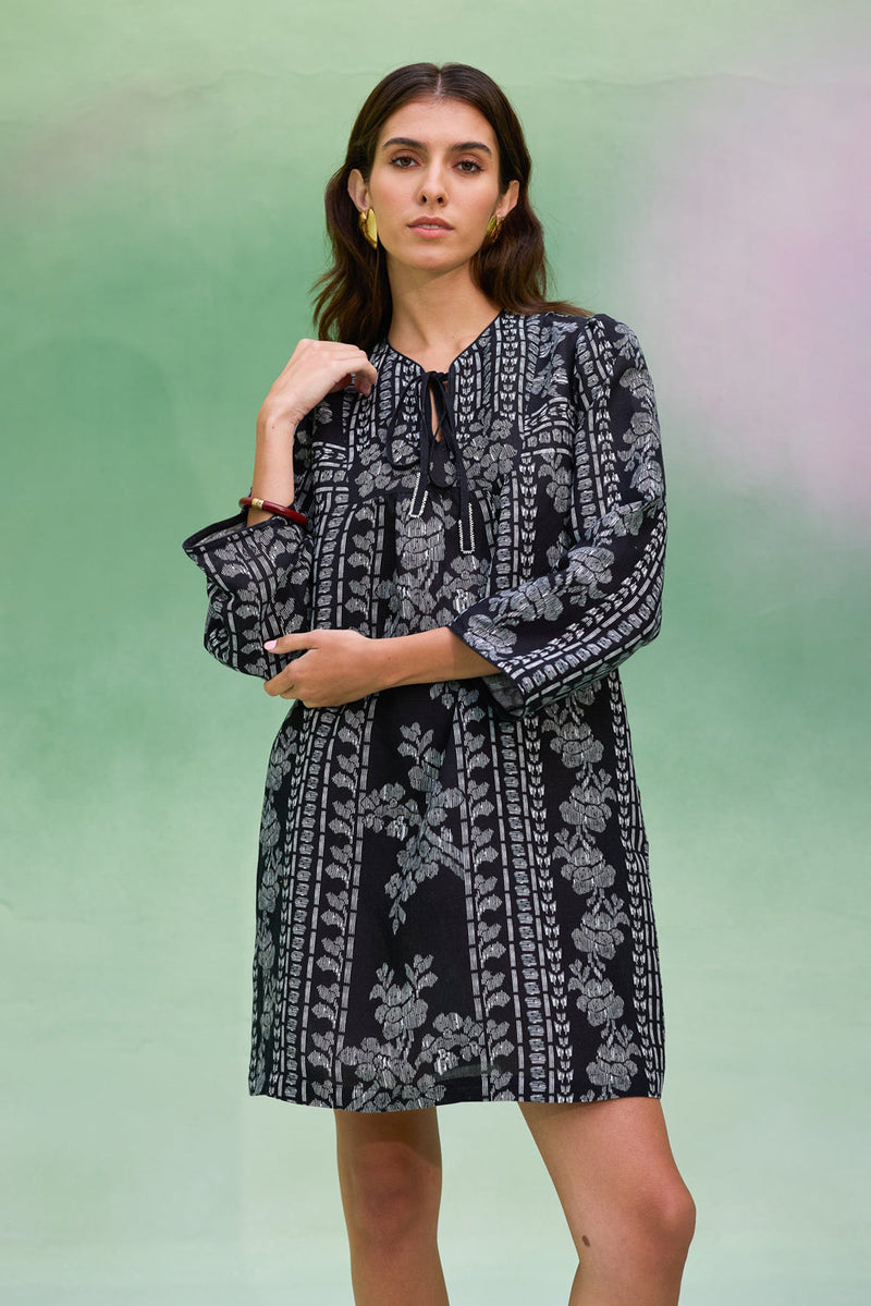 Black Floral Ikat Symmetrical Shift Dress linen dress by World of SiSa in black for women in Singapore