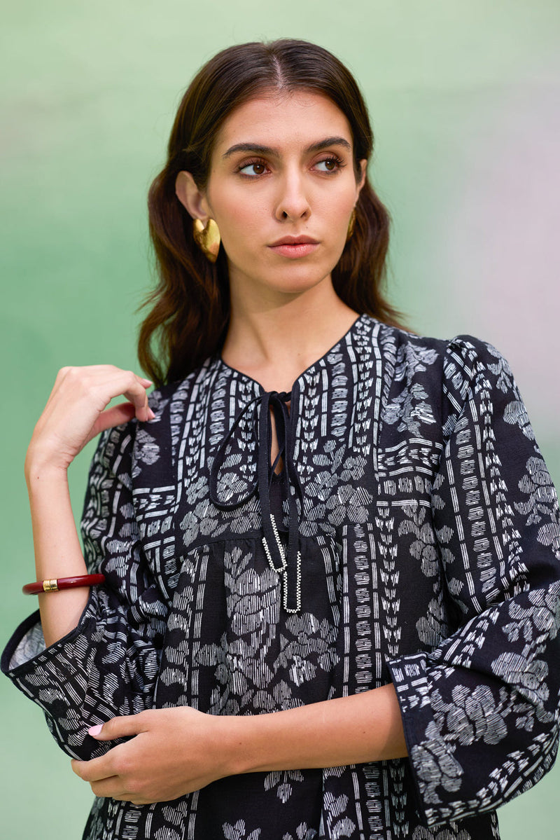 Black Floral Ikat Symmetrical Shift Dress linen dress by World of SiSa in black for women in Singapore