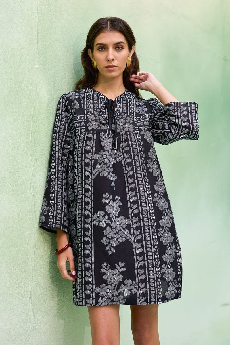 Black Floral Ikat Symmetrical Shift Dress linen dress by World of SiSa in black for women in Singapore