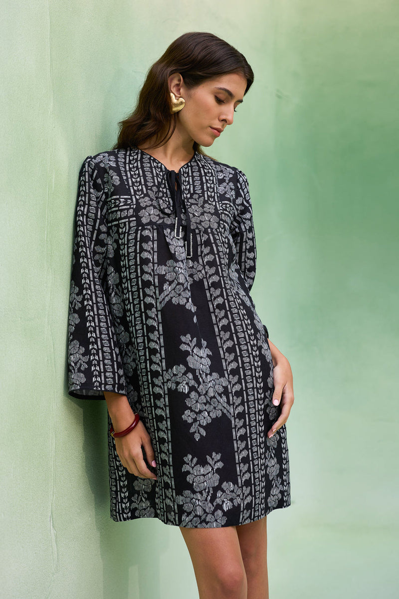 Black Floral Ikat Symmetrical Shift Dress linen dress by World of SiSa in black for women in Singapore