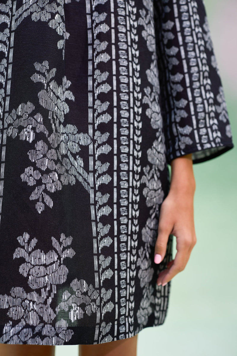 Black Floral Ikat Symmetrical Shift Dress linen dress by World of SiSa in black for women in Singapore