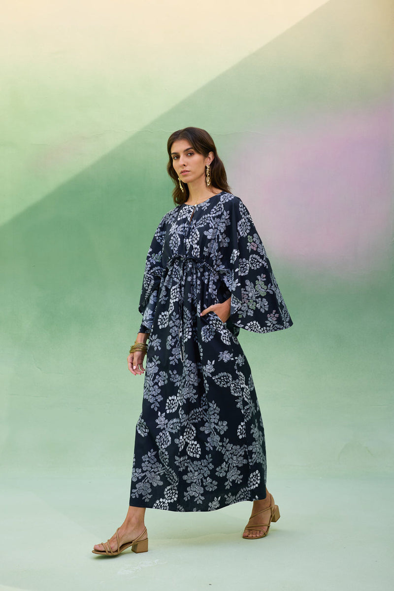 Black Floral Ikat Kaftan Dress cotton dress by World of SiSa in black for women in Singapore