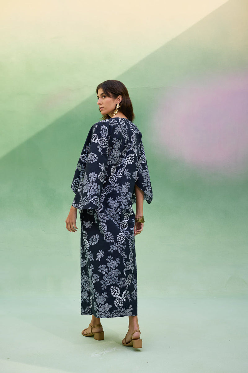 Black Floral Ikat Kaftan Dress cotton dress by World of SiSa in black for women in Singapore