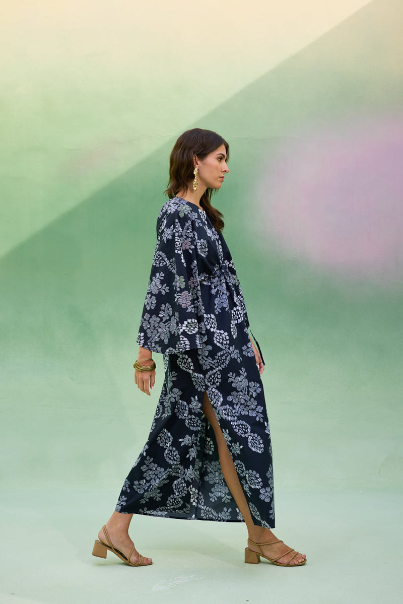 Black Floral Ikat Kaftan Dress cotton dress by World of SiSa in black for women in Singapore