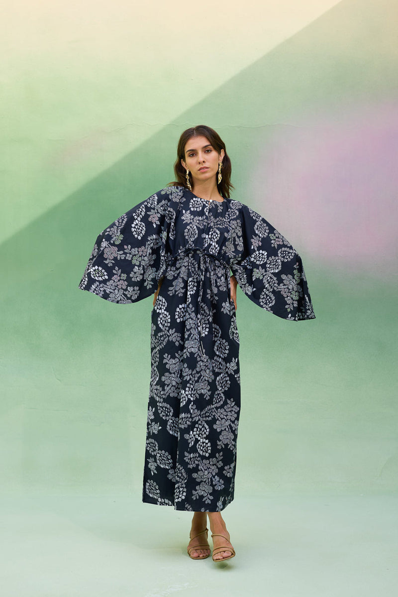 Black Floral Ikat Kaftan Dress cotton dress by World of SiSa in black for women in Singapore
