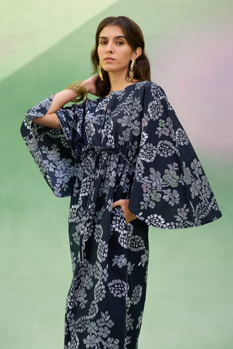 Black Floral Ikat Kaftan Dress cotton dress by World of SiSa in black for women in Singapore