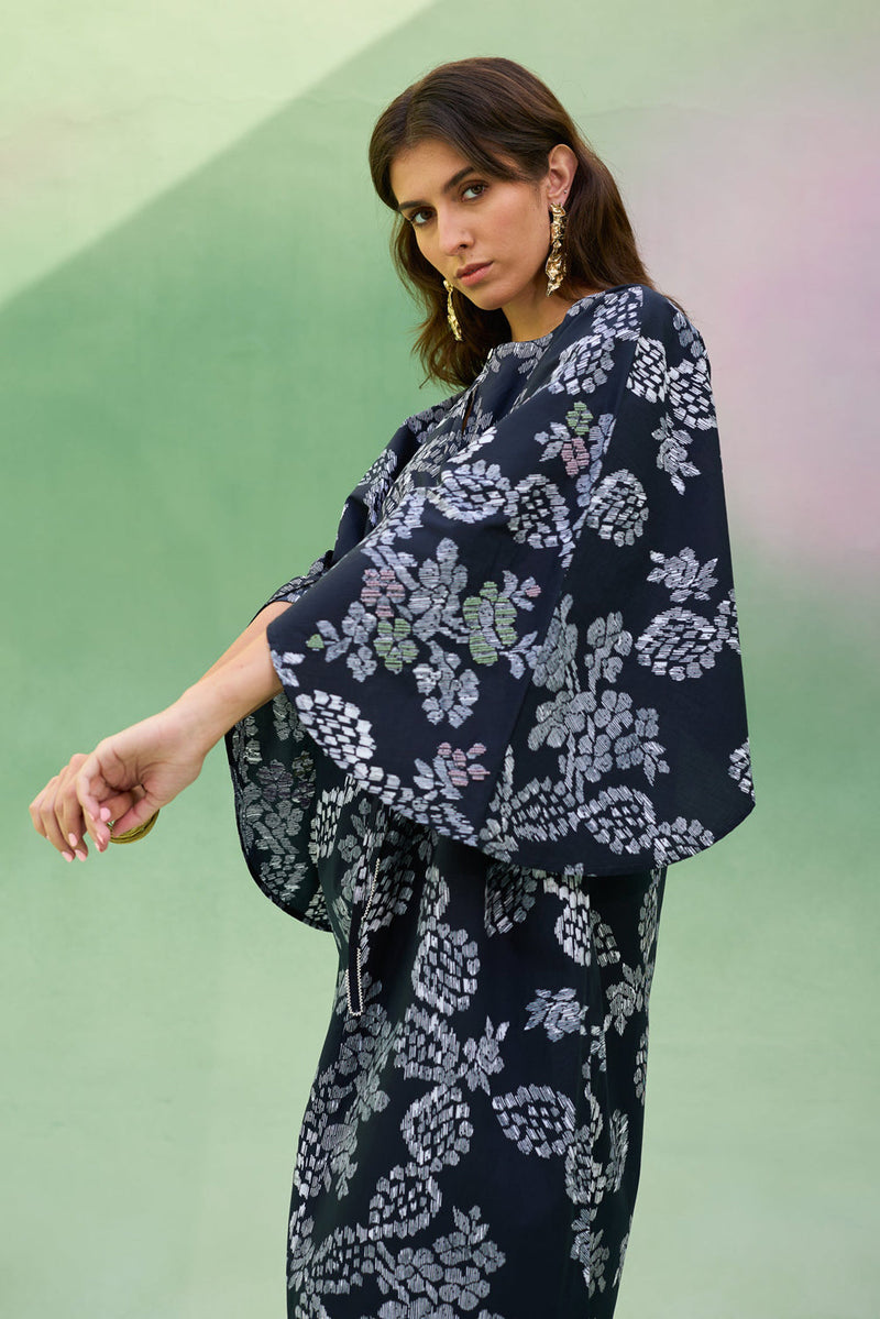 Black Floral Ikat Kaftan Dress cotton dress by World of SiSa in black for women in Singapore