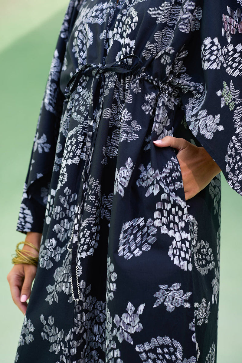 Black Floral Ikat Kaftan Dress cotton dress by World of SiSa in black for women in Singapore
