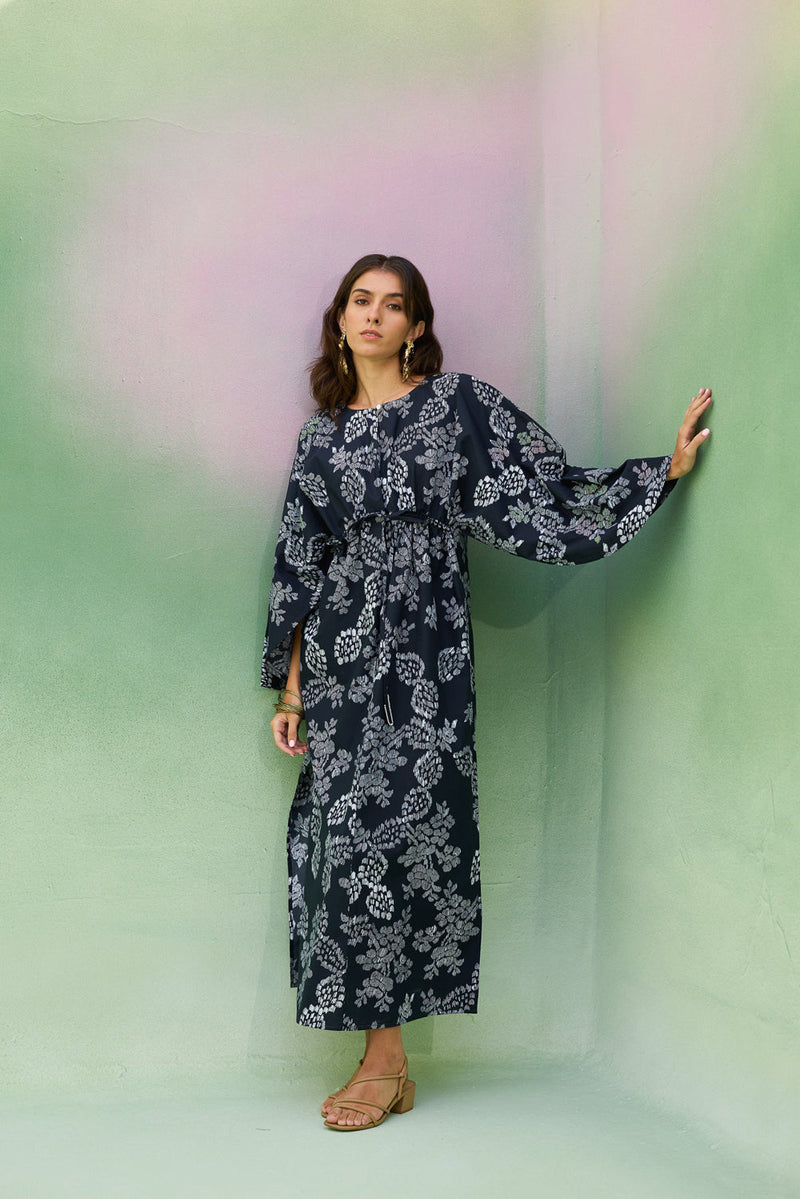 Black Floral Ikat Kaftan Dress cotton dress by World of SiSa in black for women in Singapore