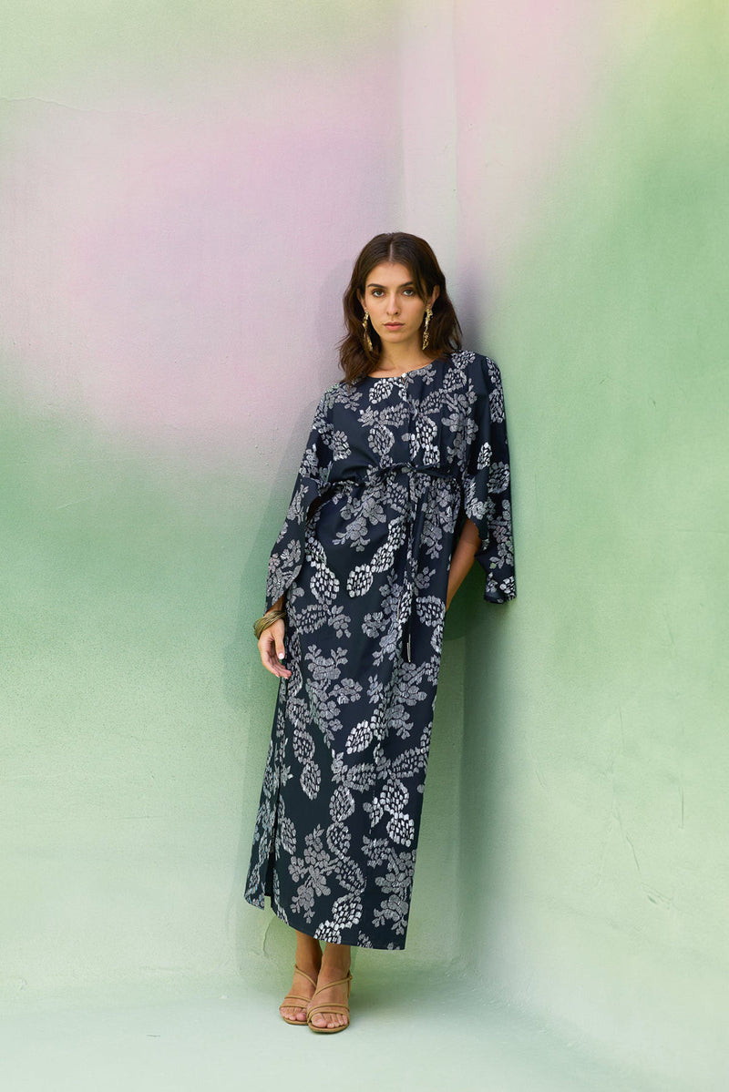Black Floral Ikat Kaftan Dress cotton dress by World of SiSa in black for women in Singapore