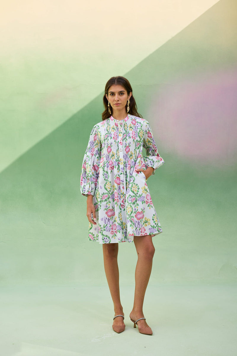 Ivory Floral Ikat Smocked Shirt Dress cotton dress by World of SiSa in ivory for women in Singapore