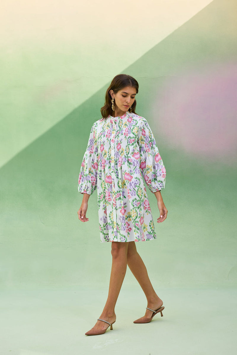 Ivory Floral Ikat Smocked Shirt Dress cotton dress by World of SiSa in ivory for women in Singapore