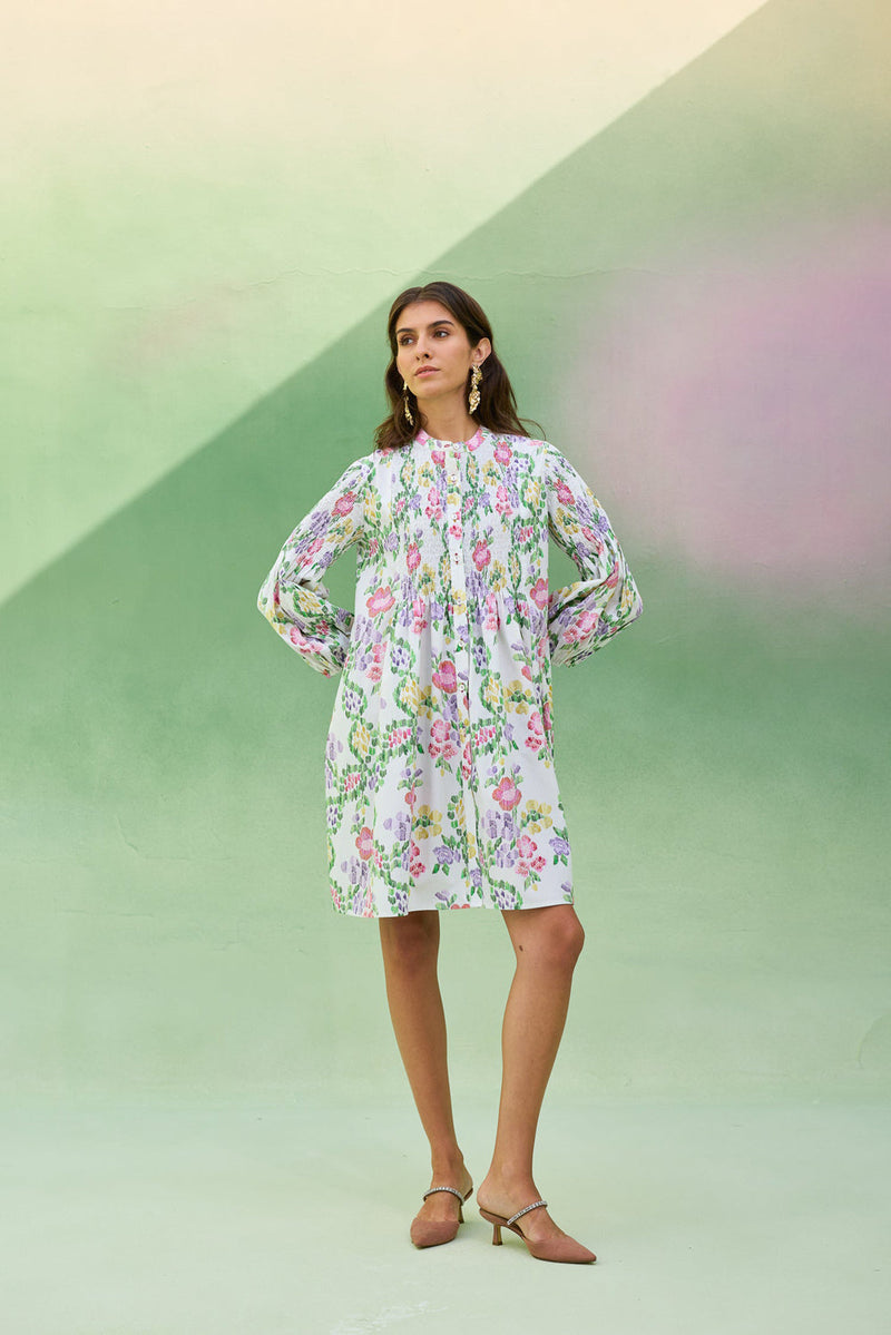 Ivory Floral Ikat Smocked Shirt Dress cotton dress by World of SiSa in ivory for women in Singapore