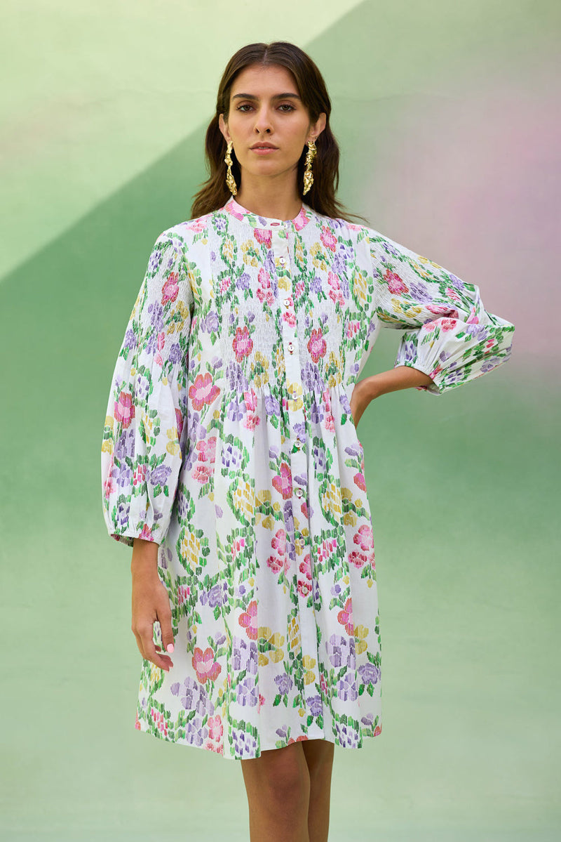 Ivory Floral Ikat Smocked Shirt Dress cotton dress by World of SiSa in ivory for women in Singapore
