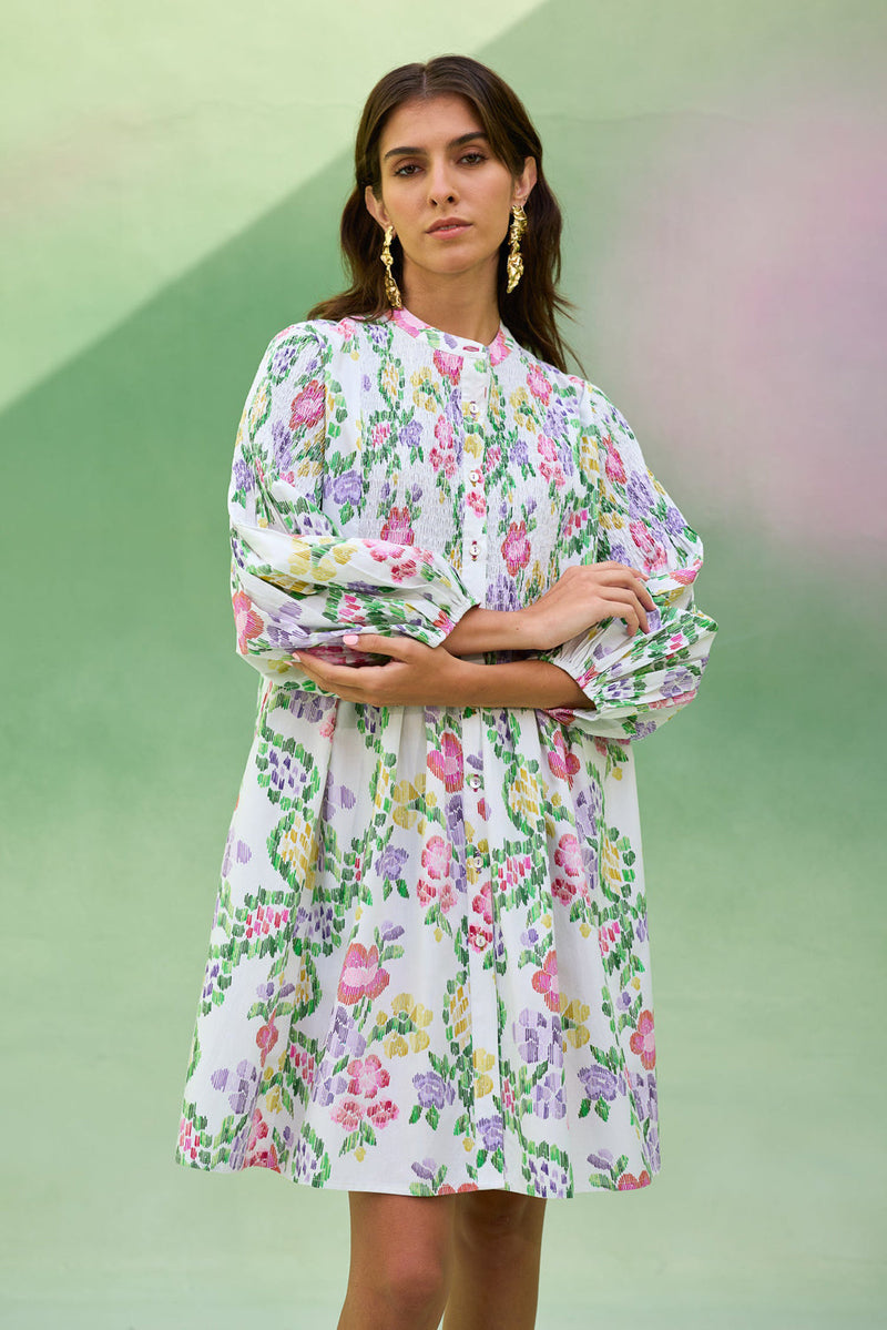 Ivory Floral Ikat Smocked Shirt Dress cotton dress by World of SiSa in ivory for women in Singapore