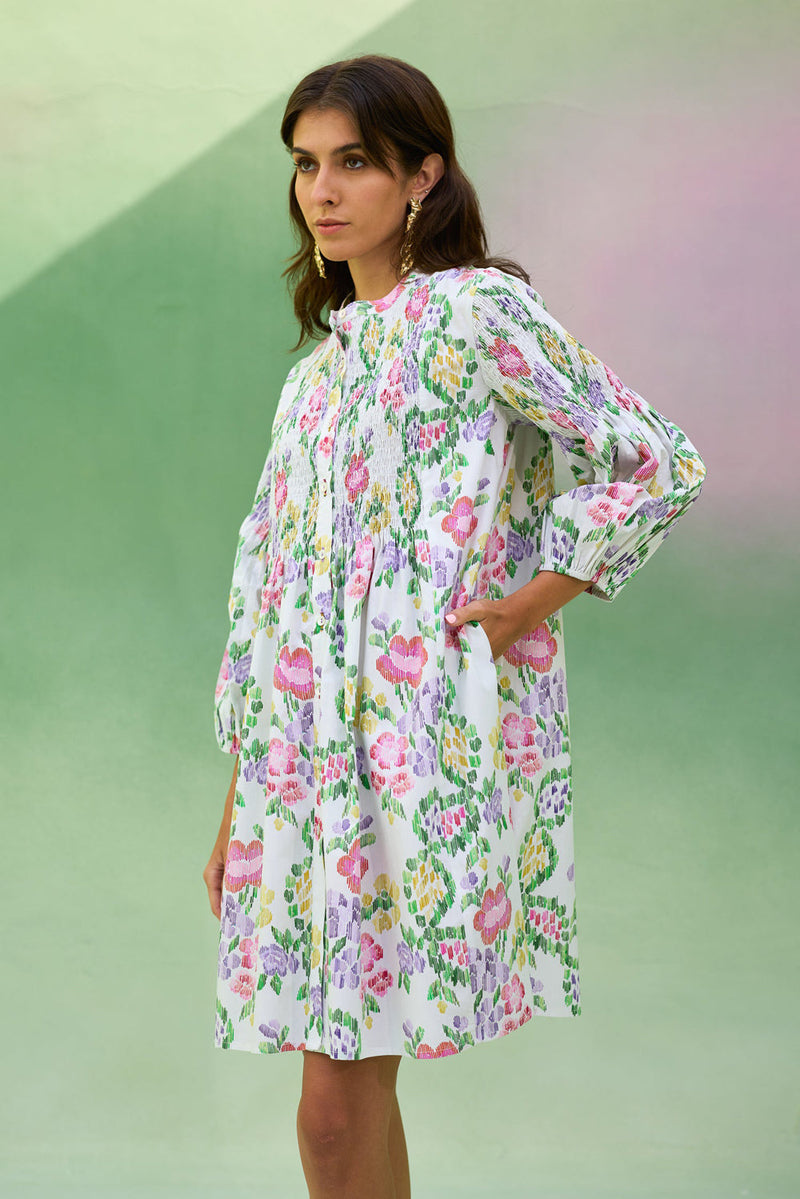 Ivory Floral Ikat Smocked Shirt Dress cotton dress by World of SiSa in ivory for women in Singapore