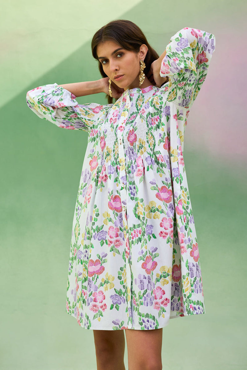 Ivory Floral Ikat Smocked Shirt Dress cotton dress by World of SiSa in ivory for women in Singapore