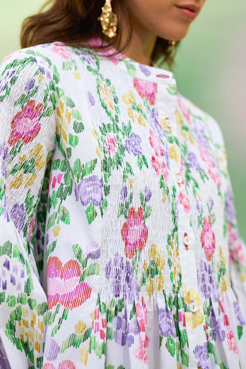 Ivory Floral Ikat Smocked Shirt Dress cotton dress by World of SiSa in ivory for women in Singapore