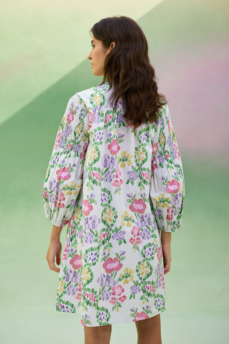Ivory Floral Ikat Smocked Shirt Dress cotton dress by World of SiSa in ivory for women in Singapore