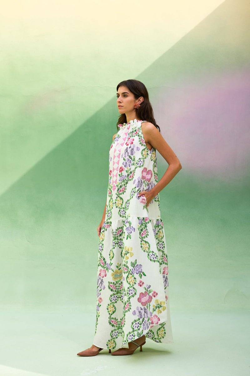 Ivory Floral Ikat Sleeveless Maxi Dress linen dress by World of SiSa in ivory for women in Singapore