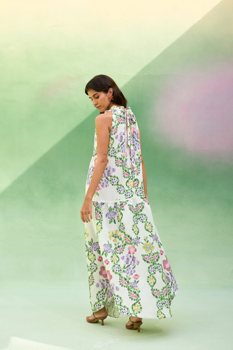 Ivory Floral Ikat Sleeveless Maxi Dress linen dress by World of SiSa in ivory for women in Singapore