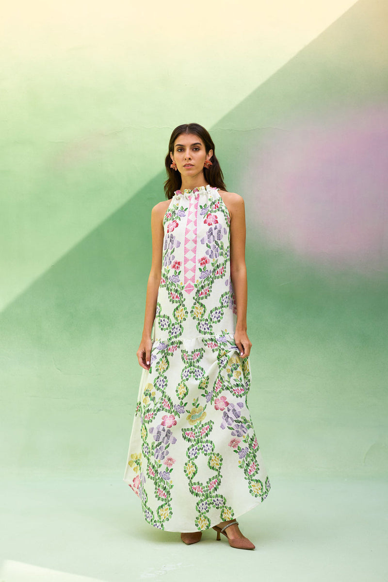 Ivory Floral Ikat Sleeveless Maxi Dress linen dress by World of SiSa in ivory for women in Singapore