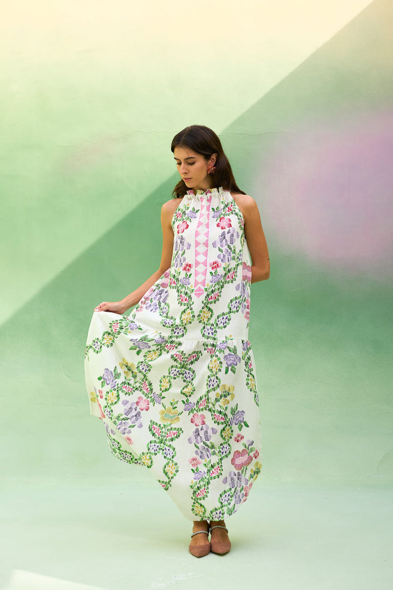 Ivory Floral Ikat Sleeveless Maxi Dress linen dress by World of SiSa in ivory for women in Singapore