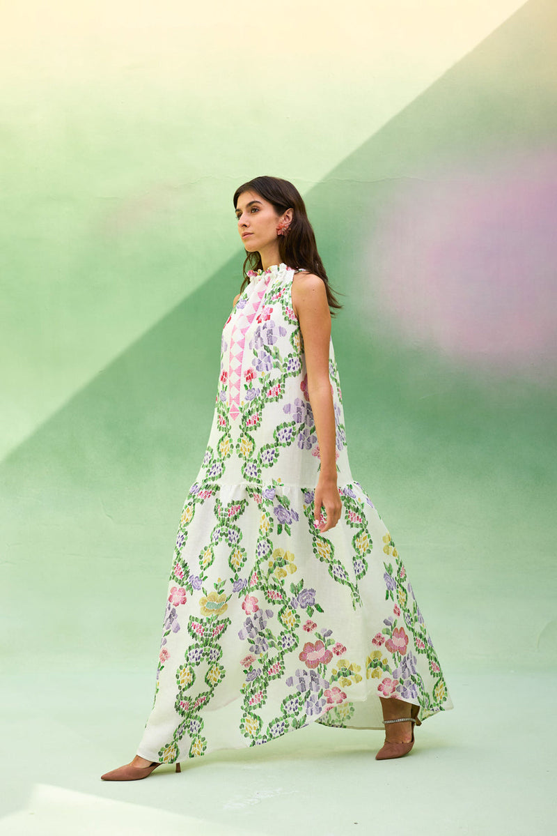 Ivory Floral Ikat Sleeveless Maxi Dress linen dress by World of SiSa in ivory for women in Singapore