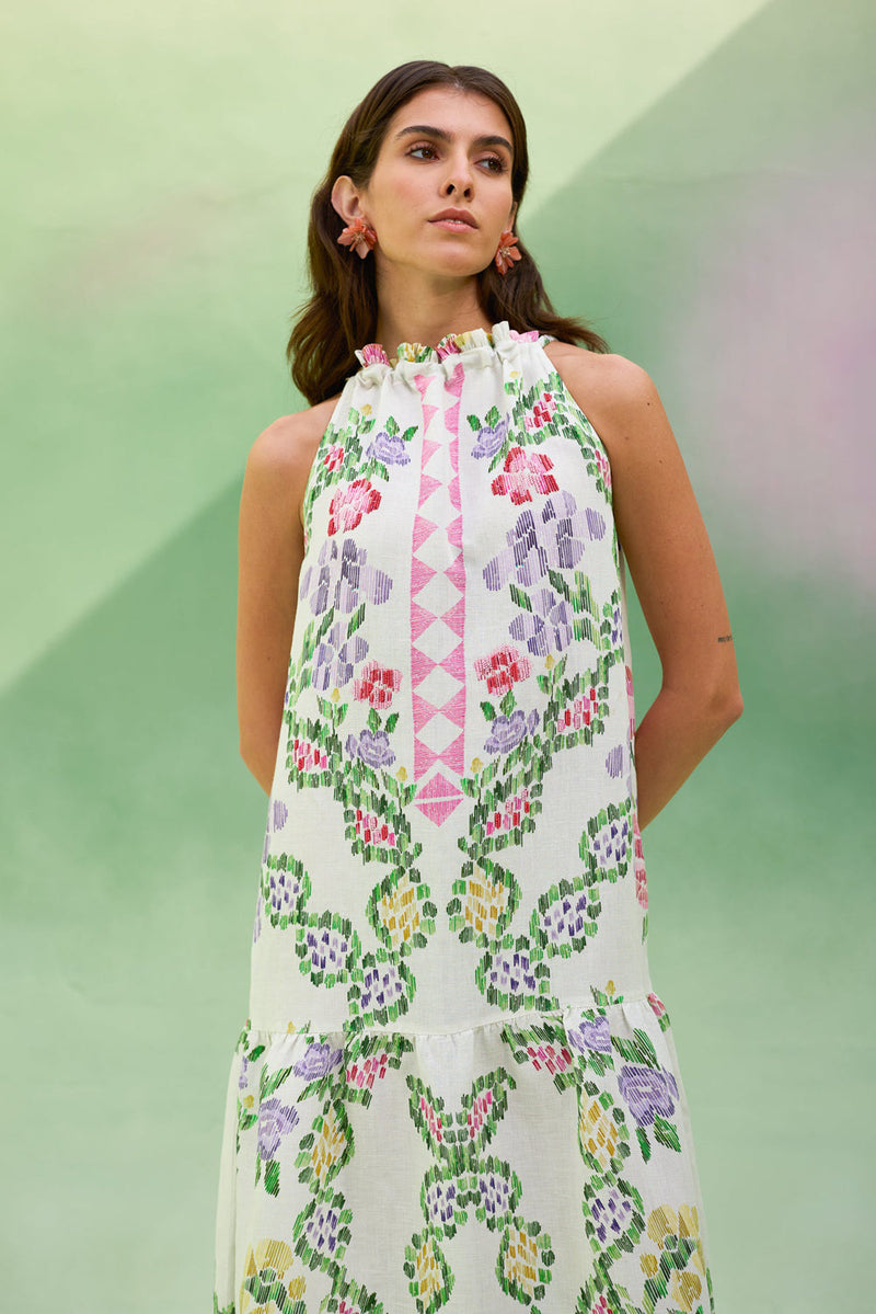 Ivory Floral Ikat Sleeveless Maxi Dress linen dress by World of SiSa in ivory for women in Singapore