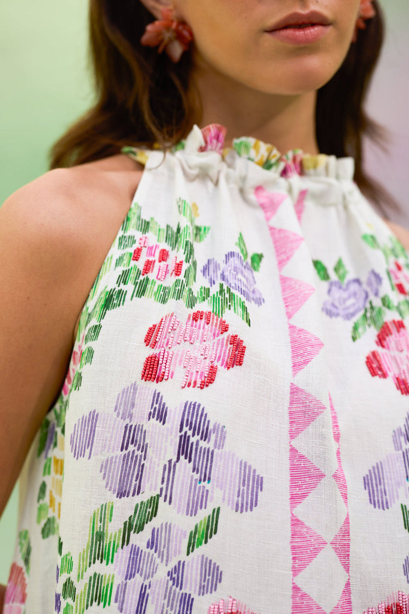 Ivory Floral Ikat Sleeveless Maxi Dress linen dress by World of SiSa in ivory for women in Singapore