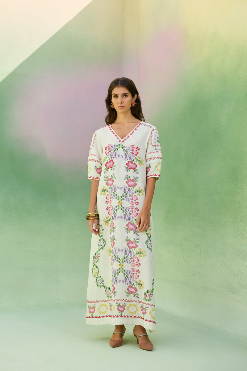 Ivory Floral Ikat V-Neck Maxi Dress linen dress by World of SiSa in ivory for women in Singapore