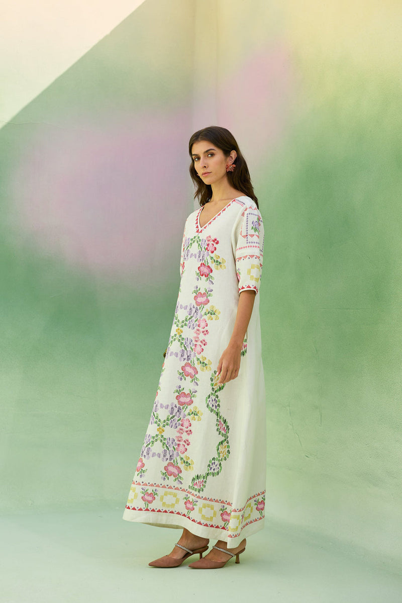 Ivory Floral Ikat V-Neck Maxi Dress linen dress by World of SiSa in ivory for women in Singapore