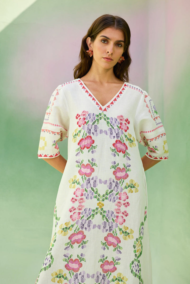 Ivory Floral Ikat V-Neck Maxi Dress linen dress by World of SiSa in ivory for women in Singapore