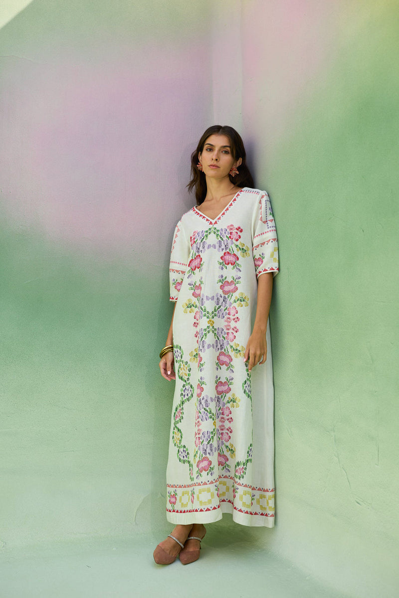Ivory Floral Ikat V-Neck Maxi Dress linen dress by World of SiSa in ivory for women in Singapore