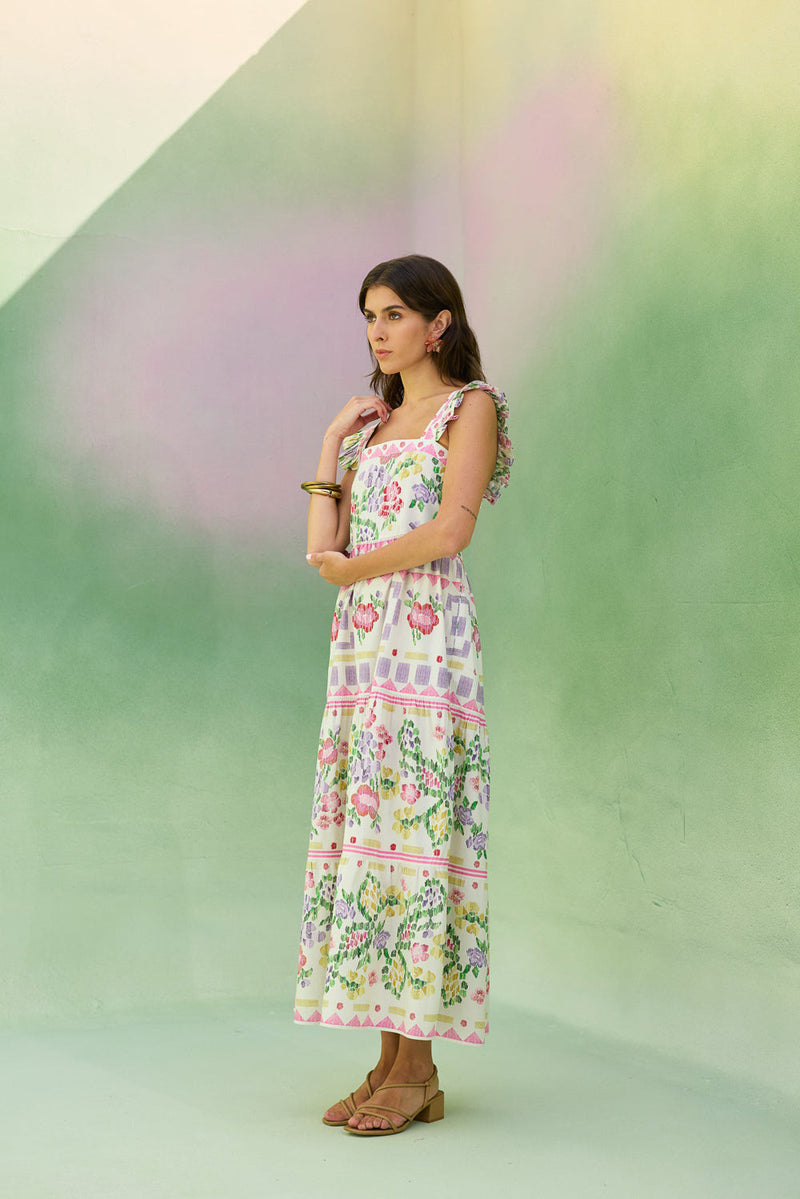 Ivory Floral Ikat Tiered Maxi Dress cotton dress by World of SiSa in ivory for women in Singapore