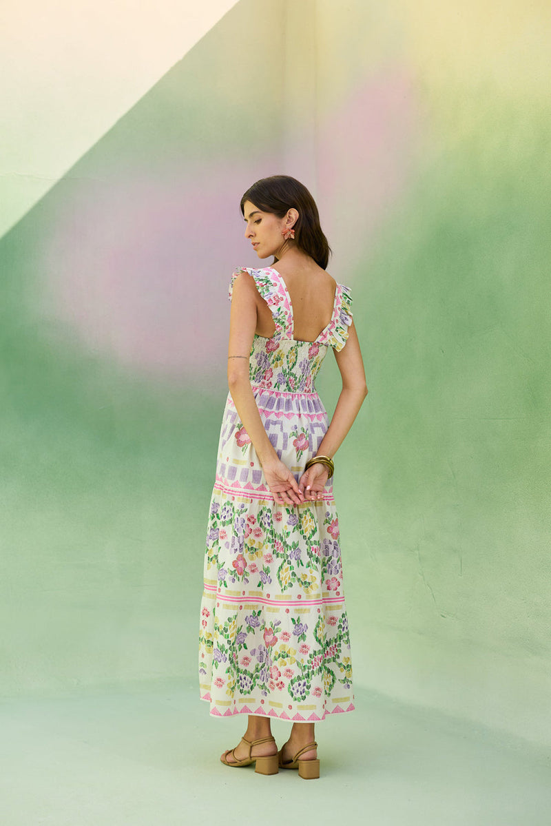 Ivory Floral Ikat Tiered Maxi Dress cotton dress by World of SiSa in ivory for women in Singapore