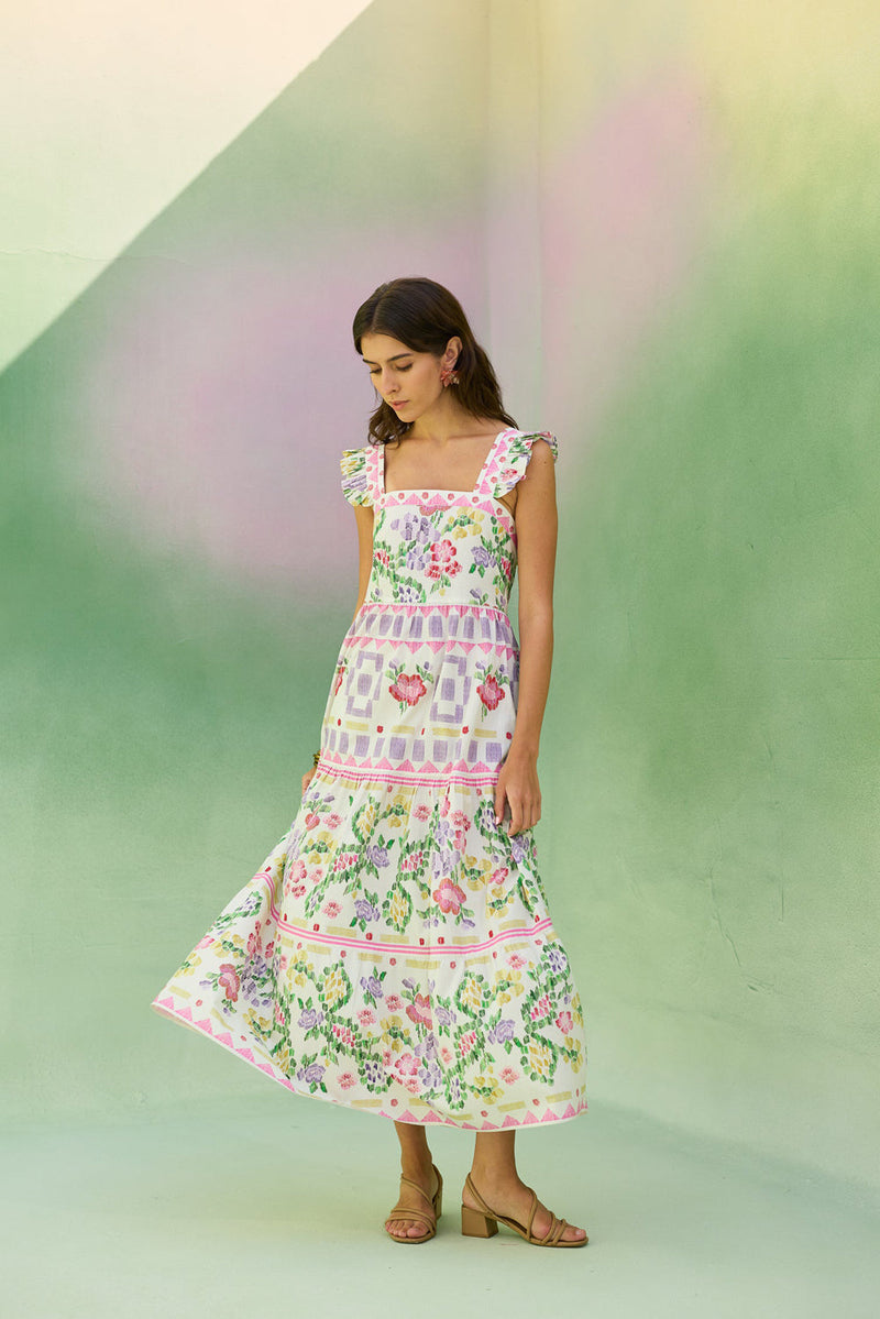Ivory Floral Ikat Tiered Maxi Dress cotton dress by World of SiSa in ivory for women in Singapore