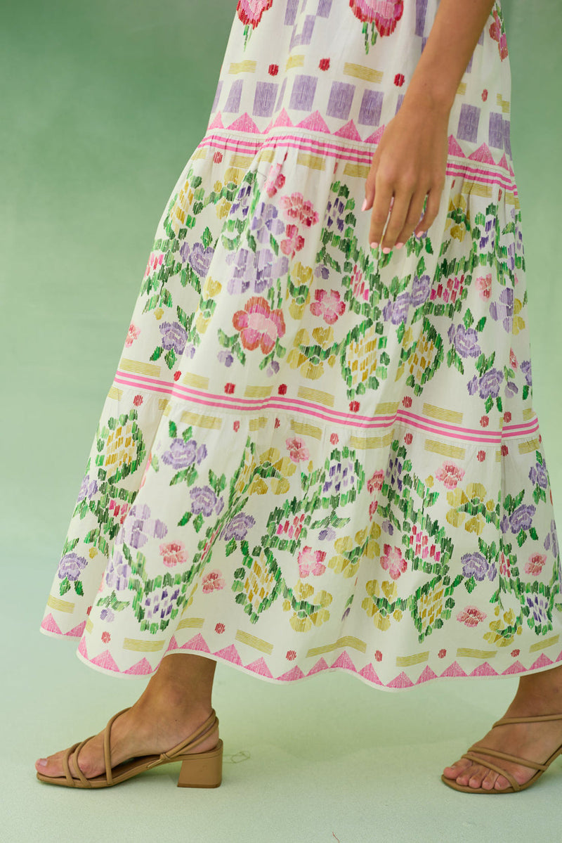 Ivory Floral Ikat Tiered Maxi Dress cotton dress by World of SiSa in ivory for women in Singapore