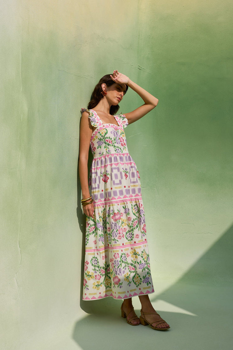 Ivory Floral Ikat Tiered Maxi Dress cotton dress by World of SiSa in ivory for women in Singapore