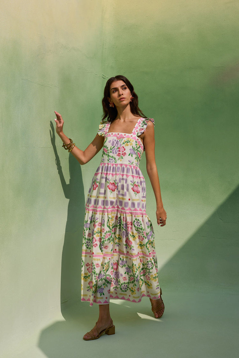 Ivory Floral Ikat Tiered Maxi Dress cotton dress by World of SiSa in ivory for women in Singapore