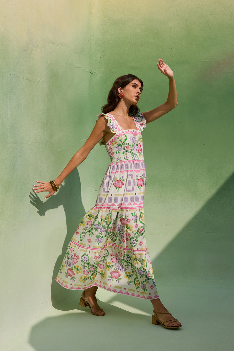 Ivory Floral Ikat Tiered Maxi Dress cotton dress by World of SiSa in ivory for women in Singapore