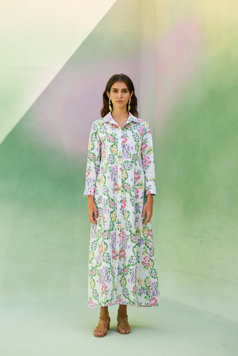 Ivory Floral Ikat Collared Shirt Dress cotton dress by World of SiSa in ivory for women in Singapore
